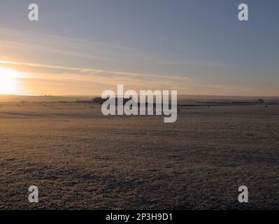 Ein frostiger Sonnenaufgang über einer Schaffarm neben Cleveland Way, Abbey Plain bis Saltwick Bay bei Whitby, North Yorkshire Stockfoto