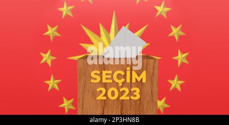 Weißer Umschlag bei DEN TÜRKISCHEN WAHLEN 2023 Text hölzerne Wahlurne auf dem Symbol der türkischen Präsidentschaftsflagge. 3D gerenderter roter Hintergrund, Beschneidungspfad. Stockfoto