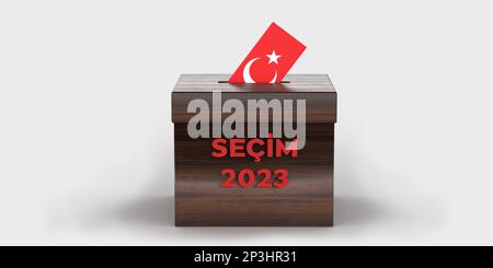 Umschlag mit türkischer Flagge in TÜRKISCHER WAHLURNE 2023, Vorderansicht. 3D-gerenderter weißer Hintergrund, Beschneidungspfad. General und Präsident Stockfoto