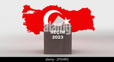 Allgemeine und Präsidentschaftswahlen in der Türkei 2023 Konzept. Weißer Umschlag in DER TÜRKISCHEN WAHL 2023 Text Wahlurne über dem türkischen Flaggenkartensymbol. 3D Stockfoto