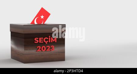 Umschlag mit türkischer Flagge in TÜRKISCHER WAHLURNE 2023, Seitenansicht. 3D-gerenderter weißer Hintergrund, Beschneidungspfad. General und Präsident Stockfoto