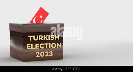 Allgemeine und Präsidentschaftswahlen in der Türkei 2023 Konzept. Umschlag mit türkischer Flagge in DER türkischen WAHLURNE 2023. 3D weiß gerendert Stockfoto