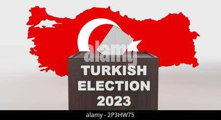 Allgemeine und Präsidentschaftswahlen in der Türkei 2023 Konzept. Weißer Umschlag in DER TÜRKISCHEN WAHL 2023 Text Wahlurne auf dem türkischen Flaggenkartensymbol. 3D Stockfoto