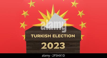 Allgemeine und Präsidentschaftswahlen in der Türkei 2023 Konzept. Weißer Umschlag in DER TÜRKISCHEN WAHL 2023 Text Wahlurne auf dem Symbol der türkischen Präsidentschaftsflagge Stockfoto