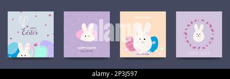 Happy Easter Set mit Vektor-osterkarten mit bunten ostereiern, Häschen, Mustern. Vektor Stock Vektor