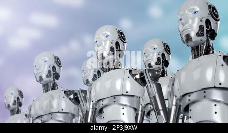3D-Darstellung von Porträts menschlicher Roboter in der Reihe der Roboterarmee, Industriegruppe von Cyborg-Maschinen im Werkshintergrund. Futuristische KI-Robotik Stockfoto