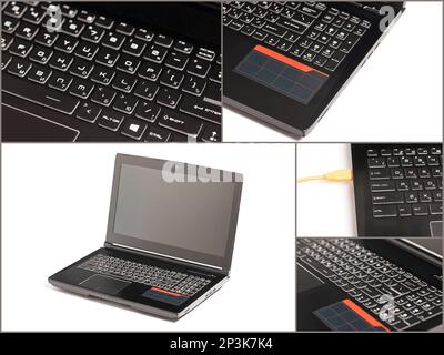 Collage mit schwarzem Gaming-Notebook in modernem Design isoliert auf weißem Hintergrund Stockfoto