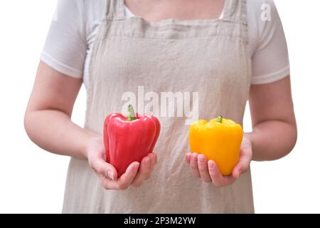 Paprika in den Händen einer Frau in der Küche, isoliert auf weißem Hintergrund. Weibliche Hände halten gelbe und rote Paprika Stockfoto