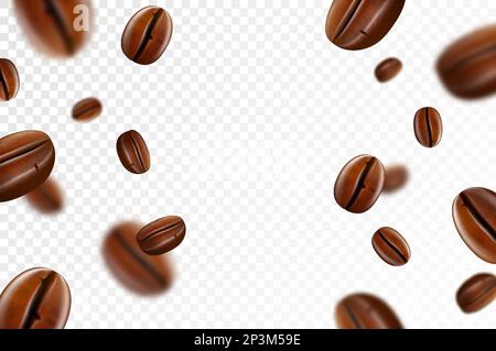 Fallende Kaffeebohnen isoliert auf transparentem Hintergrund. Fliegende Unschärfe-Effekte von Kaffeekörnern. Geeignet für Werbung im Café, Verpackung, Menügestaltung. Reali Stock Vektor