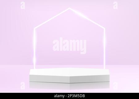 Realistisches weißes 3D-Polyeder-Podium mit leuchtendem Neon-Polyeder auf violettem Hintergrund. Abstrakte Minimalszene für Modellprodukte, Bühne für Stock Vektor