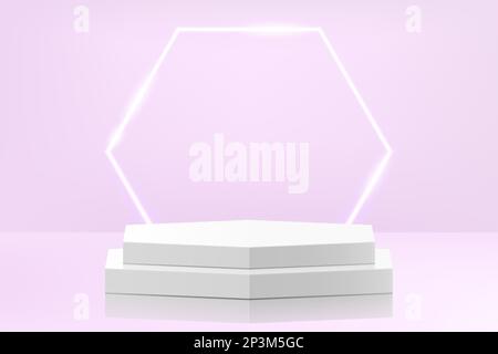 Abstraktes weißes Podium in sechseckiger Form mit leuchtendem sechseckigen Neonhintergrund. Minimale Wandszene für die Produktpräsentation. Realisti Stock Vektor
