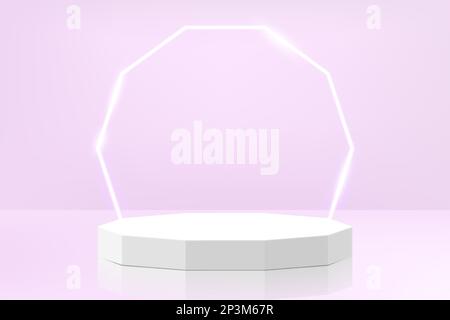 Realistisches weißes 3D-Polyeder-Podium mit leuchtendem Neon-Polyeder auf violettem Hintergrund. Minimalistische Wandszene in Pastelltönen für die Präsentation der Produkte Stock Vektor