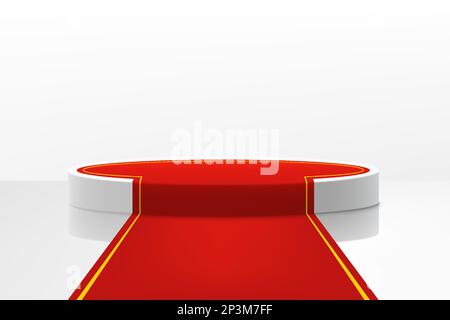Beleuchtetes Bühnenpodium mit rotem Pfad für die Preisverleihung. Realistische 3D-Vektordarstellung, lifestyle-Konzept der vip-Prominenten. Bühne für die Gewinner und Stock Vektor
