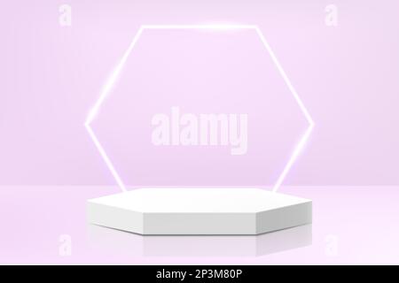Abstraktes weißes Podium in sechseckiger Form mit leuchtendem sechseckigen Neonhintergrund. Minimale Wandszene für die Produktpräsentation. Realistisch Stock Vektor