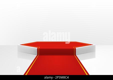 Beleuchtetes Bühnenpodium mit rotem Pfad für die Preisverleihung. Realistische 3D-Vektordarstellung, lifestyle-Konzept der vip-Prominenten. Bühne für die Gewinner und Stock Vektor