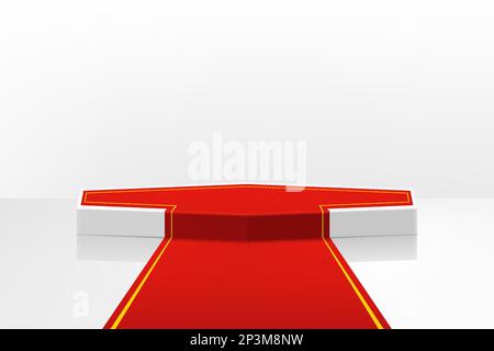 Beleuchtetes Bühnenpodium mit rotem Pfad für die Preisverleihung. Realistische 3D-Vektordarstellung, lifestyle-Konzept der vip-Prominenten. Bühne für die Gewinner und Stock Vektor