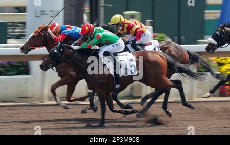 Rennen 1, FORTUNE PRESIDENT (Inside), geritten von Keith Yeung Ming-lun, gewann die Klasse 4 über 1650m (Rasen) in Sha Tin. Milliardär Secret (6) beendet den zweiten. 26FEB23 SCMP/Kenneth Chan. Stockfoto