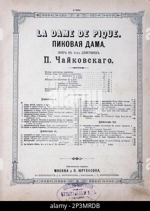 Vintage-Noten Pjotr Iljitsch Tschaikowsky „Peak Lady. Oper in drei Akten. Duett von Prilepa und Milovzor.", aus dem russischen Reich, 1891. Stockfoto