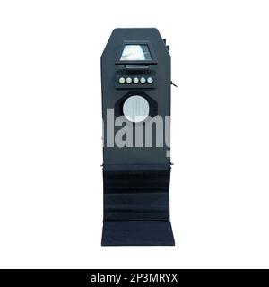 Demonstration von Schutzschilden der Polizei, isoliert auf weißem Hintergrund. Kugelsicheres Glas und Rüstung Stockfoto