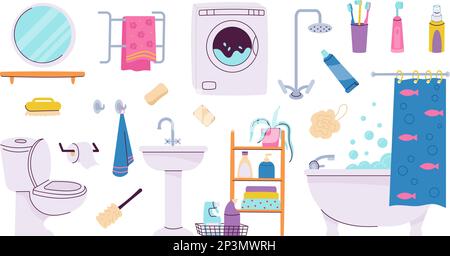 Bad flache Innenelemente, Wohnschrank und Seife, Cartoon Toilettenzimmerklip. Waschraum oder Wäscherei Dekoration, Dusche und Bad ordentlich Vektorset Stock Vektor