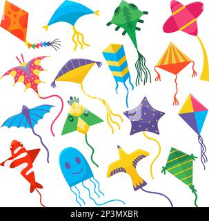Cartoon-Drachen, farbenfrohes Kinderspielzeug, Drachen auf fliegenden Fäden. Windfreies Fliegenspiel, isolierte Sommerspielelemente für Kinder im Freien. Neoterischer Vektor saisonal Stock Vektor