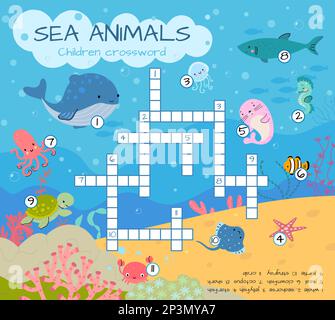 Kinder Kreuzworträtsel Meerestiere. Farbenfrohes Puzzle-Spiel für Kinder. Englische Wörter Quiz mit Schildkrötenquallen, heutzutage Vektor Stock Vektor