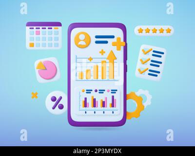 Datenanalyse für Telefon 3D. Statistische Diagramme auf dem Smartphone-Bildschirm, Klassifizierung. Unternehmenswachstum, Fortschritt im digitalen Finanzwesen, Mobile-Banking-App Stock Vektor