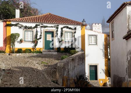 Kopfsteinpflasterstraße in der Altstadt, Obidos, Zentralregion, Portugal, Europa Stockfoto