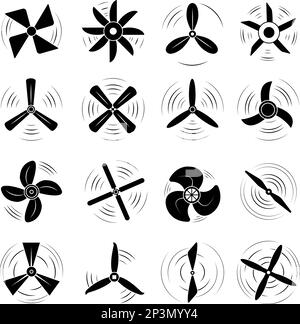 Schwarze Flugzeugpropeller-Symbole. Propellerflügel-Elemente, Flugmotor drehen. Logos für rotierende Turbinen, Elektrogebläse oder Schiffsschrauben Stock Vektor