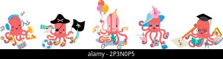 Cartoon-Tintenfisch, Multitasking-Cartoon-Tintenfisch. Tintenfisch-Maler, Pirat und Musiker. Süßes Meerestier Geburtstagsparty und Shopping, heutzutage Vektor Stock Vektor