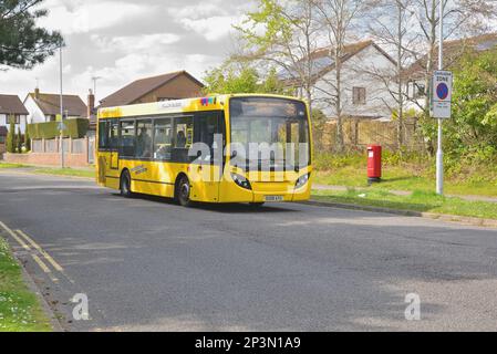 Gelbe Busse Bournemouth Alexander-Dennis Dart, mit Enviro 200 Karosserie, OU08 AYG, Flottennr 2005, wird in der Nähe der Bournemouth University am 20/4/22 gesehen. Stockfoto