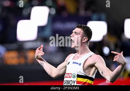 Der belgische Thomas Carmoy reagiert während des High-Jump-Finales der Männer auf der 37. Ausgabe der europäischen Leichtathletik-Hallenmeisterschaft am Sonntag, den 05. März 2023 in Istanbul, Türkei. Die Meisterschaften finden vom 2. Bis 5. März statt. BELGA FOTO JASPER JACOBS Stockfoto