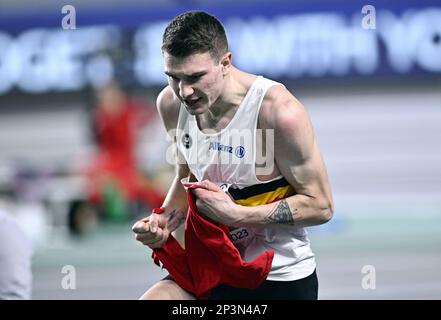 Der belgische Thomas Carmoy reagiert während des High-Jump-Finales der Männer auf der 37. Ausgabe der europäischen Leichtathletik-Hallenmeisterschaft am Sonntag, den 05. März 2023 in Istanbul, Türkei. Die Meisterschaften finden vom 2. Bis 5. März statt. BELGA FOTO JASPER JACOBS Stockfoto