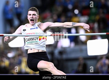 Der belgische Thomas Carmoy reagiert während des High-Jump-Finales der Männer auf der 37. Ausgabe der europäischen Leichtathletik-Hallenmeisterschaft am Sonntag, den 05. März 2023 in Istanbul, Türkei. Die Meisterschaften finden vom 2. Bis 5. März statt. BELGA FOTO JASPER JACOBS Stockfoto