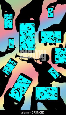 Musik auf Handy-Bildschirmen zeigen Noten und musikalische Symbole, wie ein Trompeter im Hintergrund in dieser 3-d-Abbildung dargestellt wird. Stockfoto