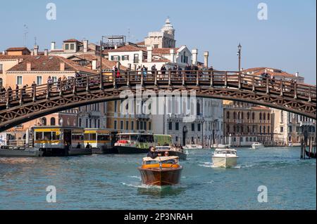 Wassertaxis und kleine Boote fahren unter der Accademia-Brücke am Canale Grande in Venedig, Italien hindurch Stockfoto