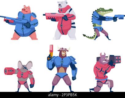 Tierkrieger. Fantasy-Zoo-Charaktere in aggressiver Action bringen Ausrüstung in gepanzerten Kostümen mit Waffen, exakte Vektorkarikaturen Stock Vektor