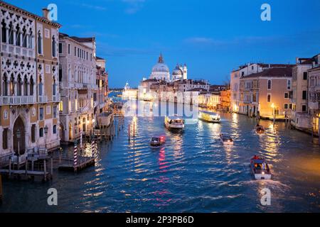 Canale Grande und Basilika di Santa Maria della Salute nach Sonnenuntergang, Blick von der Accademia-Brücke, Venedig, Italien Stockfoto