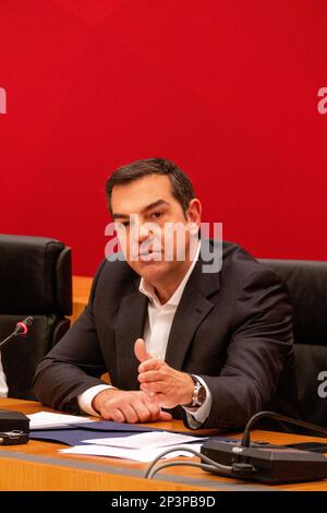 Der Präsident der SYRIZA - Progressive Alliance, Alexis Tsipras, ist ein griechischer Politiker, der seit 2019 als Anführer der offiziellen Opposition dient. Von 2015 bis 2019 war er Ministerpräsident Griechenlands. Athen, Griechenland. Stockfoto