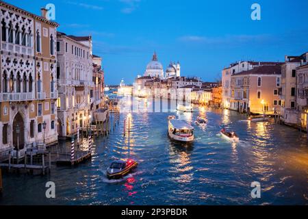 Canale Grande und Basilika di Santa Maria della Salute nach Sonnenuntergang, Blick von der Accademia-Brücke, Venedig, Italien Stockfoto