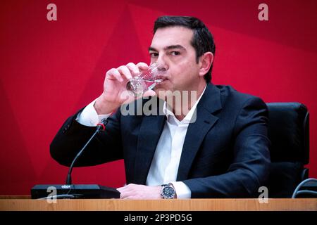 Der Präsident der SYRIZA - Progressive Alliance, Alexis Tsipras, ist ein griechischer Politiker, der seit 2019 als Anführer der offiziellen Opposition dient. Von 2015 bis 2019 war er Ministerpräsident Griechenlands. Athen, Griechenland. Stockfoto