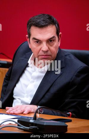 Der Präsident der SYRIZA - Progressive Alliance, Alexis Tsipras, ist ein griechischer Politiker, der seit 2019 als Anführer der offiziellen Opposition dient. Von 2015 bis 2019 war er Ministerpräsident Griechenlands. Athen, Griechenland. Stockfoto