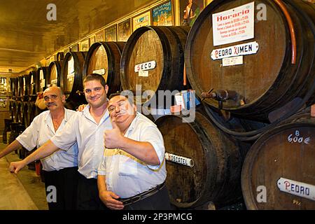 Antigua Casa de Guardia, Bodega, Taverne, Kellner vor Weinfässer, Málaga, Andalusien, Spanien Stockfoto