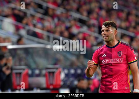 St. Louis, USA. 04. März 2023. Mittelfeldspieler Eduard Lowen aus STL City. STLCity SC spielte im CITYPARK-Stadion in St. Louis, MO, USA, am Samstag, den 4. März 2023. Tim Vizer/Sipa USA Kredit: SIPA USA/Alamy Live News Stockfoto