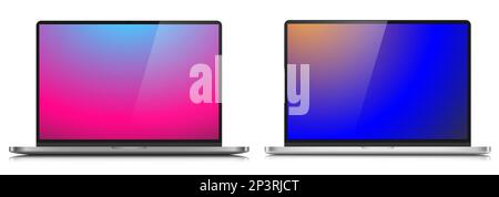 Ein Satz Laptop-Layouts in einem Metallgehäuse. Modelle moderner Laptops mit Farbbildschirmen auf weißem Hintergrund. Stock Vektor