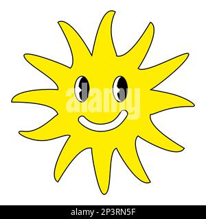 Lächelnde Emoticon Sun im Retro-Stil, flache Vektordarstellung im Doodle-Stil Stock Vektor
