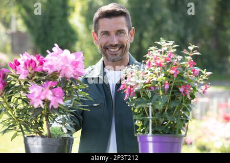 Hübscher Gärtner, der sich um schöne Blumen kümmert Stockfoto