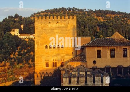 Nazaries Paläste (Comares-Turm). Im Hintergrund am linken Generalife.Alhambra, Granada. Andalusien, Spanien Stockfoto