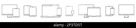 Zeilensymbole des Geräts. Laptop, Smartphone, Computer, Tablet und Uhrengeräte. Vektordarstellung isoliert auf weißem Hintergrund Stock Vektor