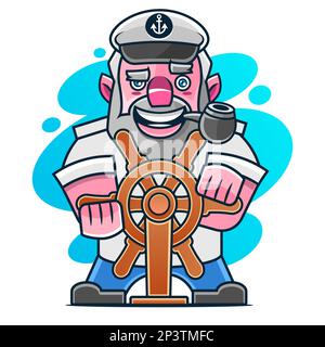 Bärtiger Kapitän oder Skipper mit Pfeife und Spitzenkappe für Marine-nautisches Logo-Design für Segler Stock Vektor